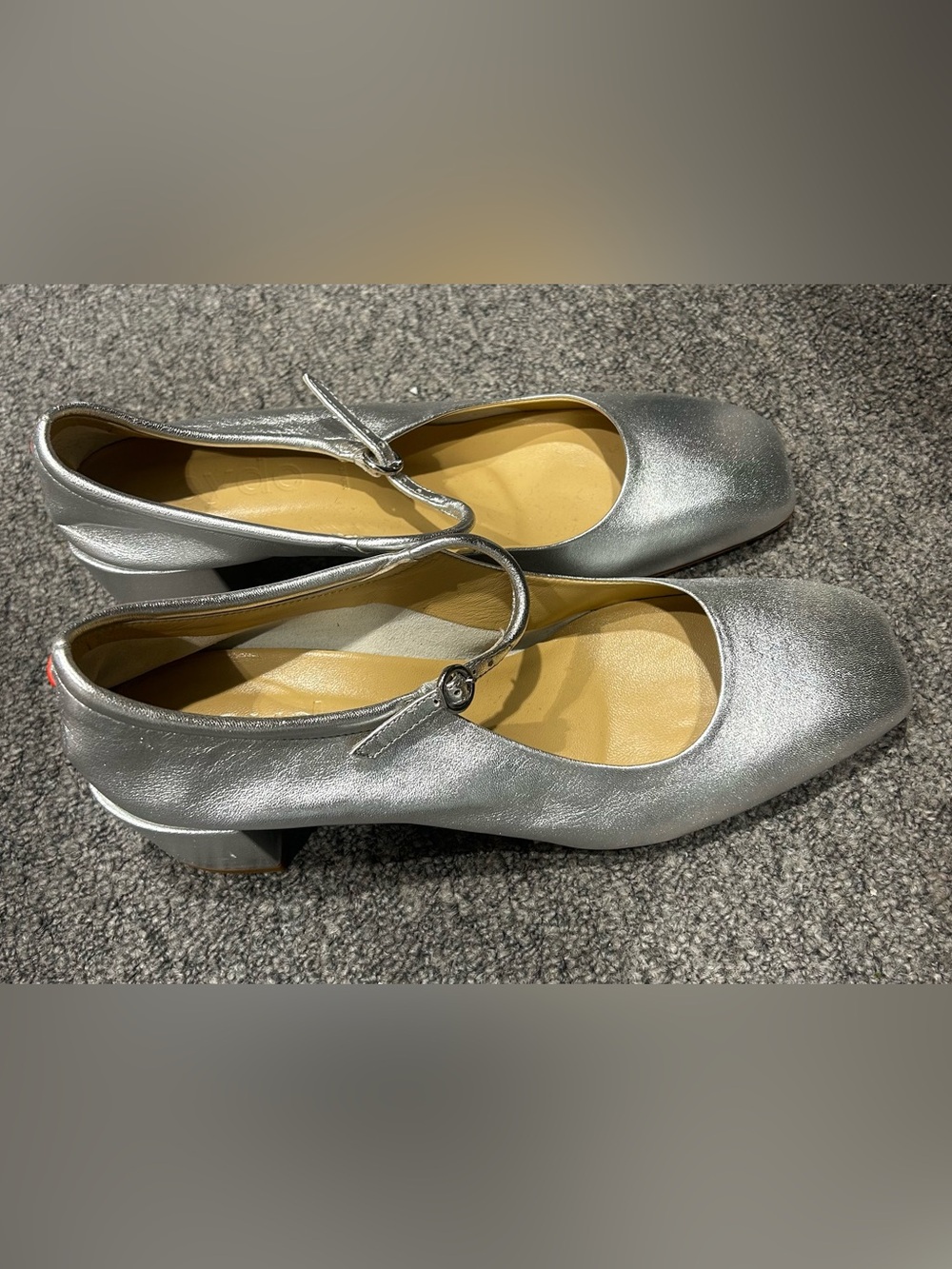 Aeyde Silver Mary Jane Block Heel Pumps